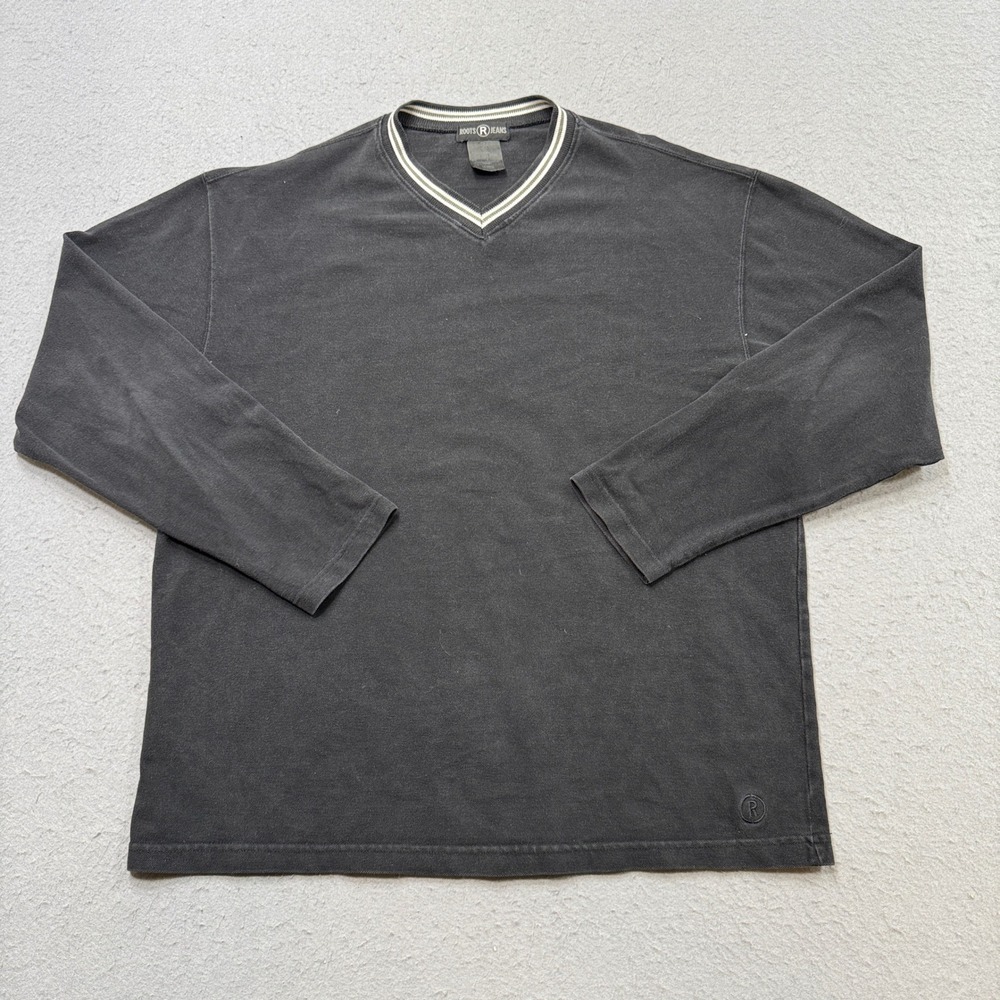 Roots Shirt Men's Large Black Loose Fit V-Neck Long Sleeve Pullover Athleisure